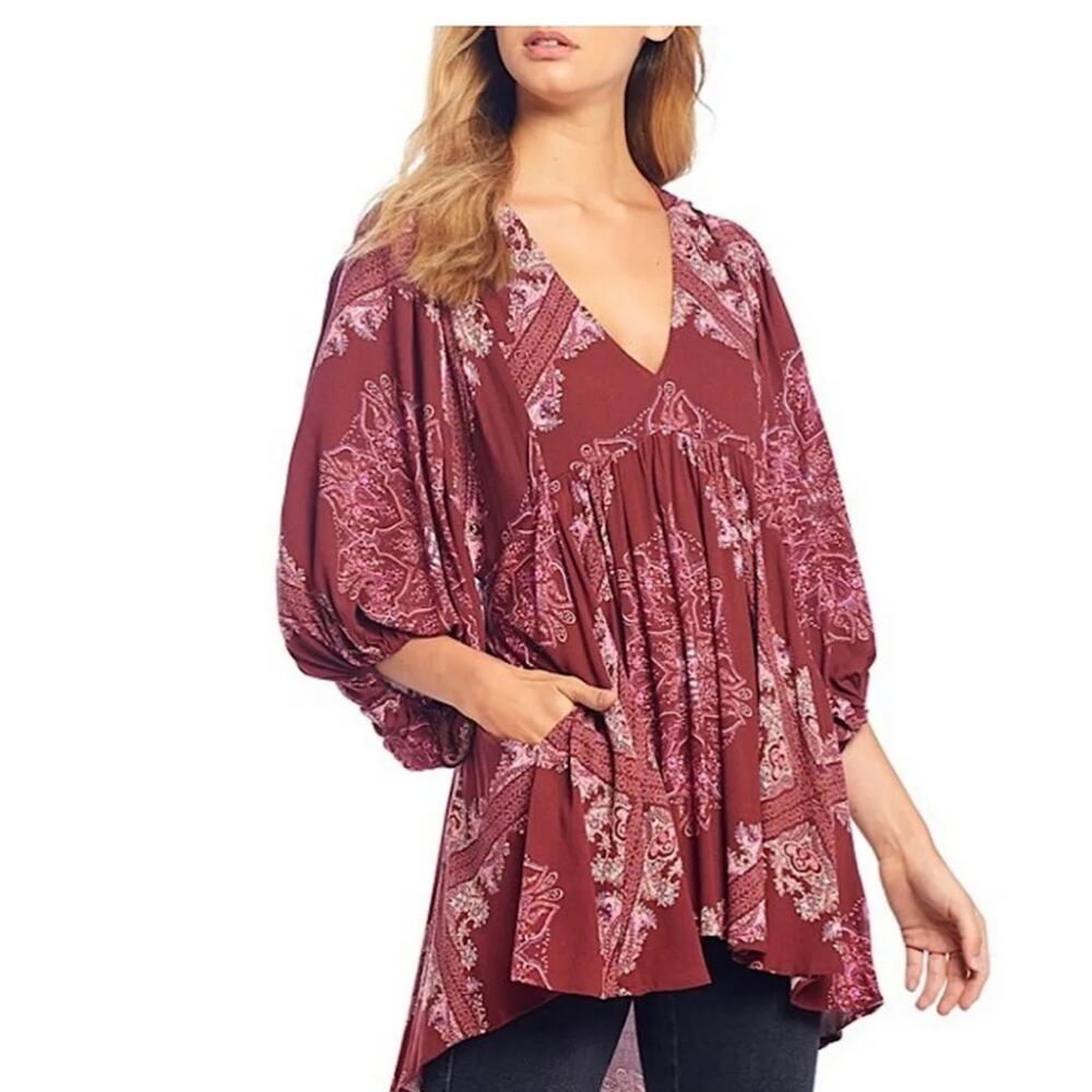 Free People Maroon Girl Talk 3/4 Sleeve V-Neck Tunic Top Size Small